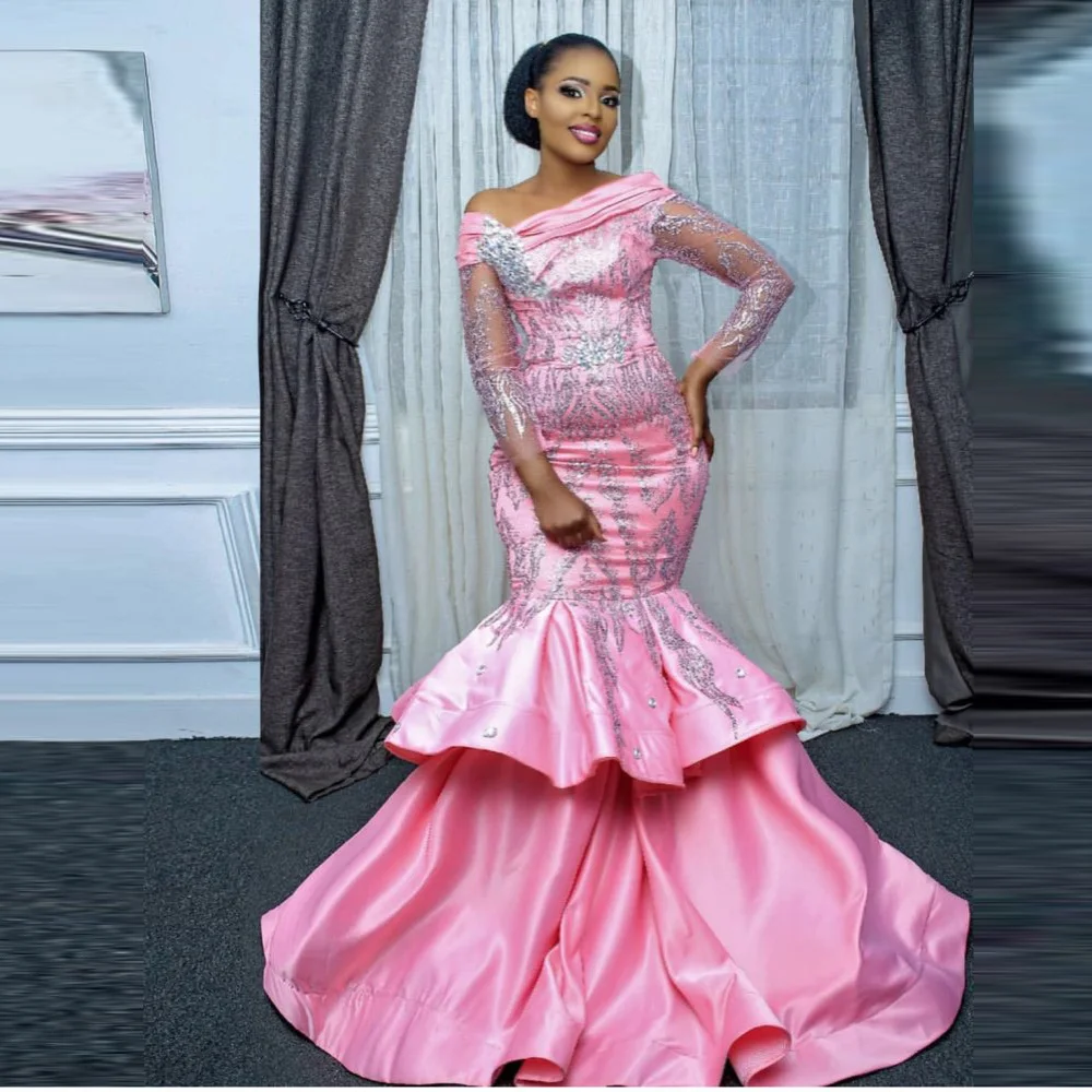 Aso Ebi Pink Prom Dresses Off Shoulder Long Sleeves Tiered Mermaid Evening Gowns With Lace Appliques Beads Arabic Party Dress
Aso Ebi Pink Prom Dresses Off Shoulder Long Sleeves Tiered Mermaid Evening Gowns With Lace Appliques Beads Arabic Party Dress