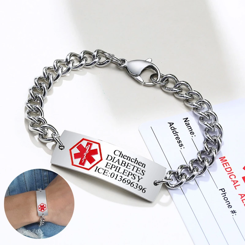 Браслет цепочка мужской с гравировкой имени диабета и эпилепсии|bracelets for|id