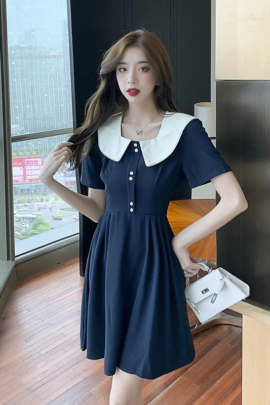 

COIGARSAM Preppy Style Women one-piece dress korean New Summer Brief Peter pan Collar Panelled High Waist Dresses Black Blue 882