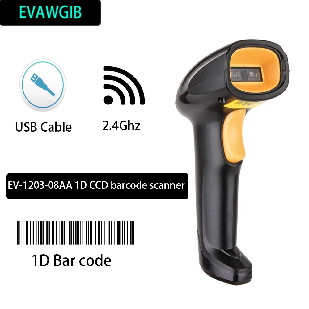 

EVAWGIB EV-1203-08AA проводной и беспроводной сканер штрих-кодов (2-в-1) USB и 2,4 ГГц сканер штрих-кодов s CCD 1D считыватель штрих-кодов для супермаркетов