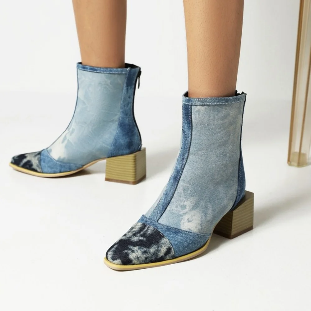 Женские джинсовые ботильоны с острым носком, на квадратном каблуке
Женские джинсовые ботильоны с острым носком, на квадратном каблуке