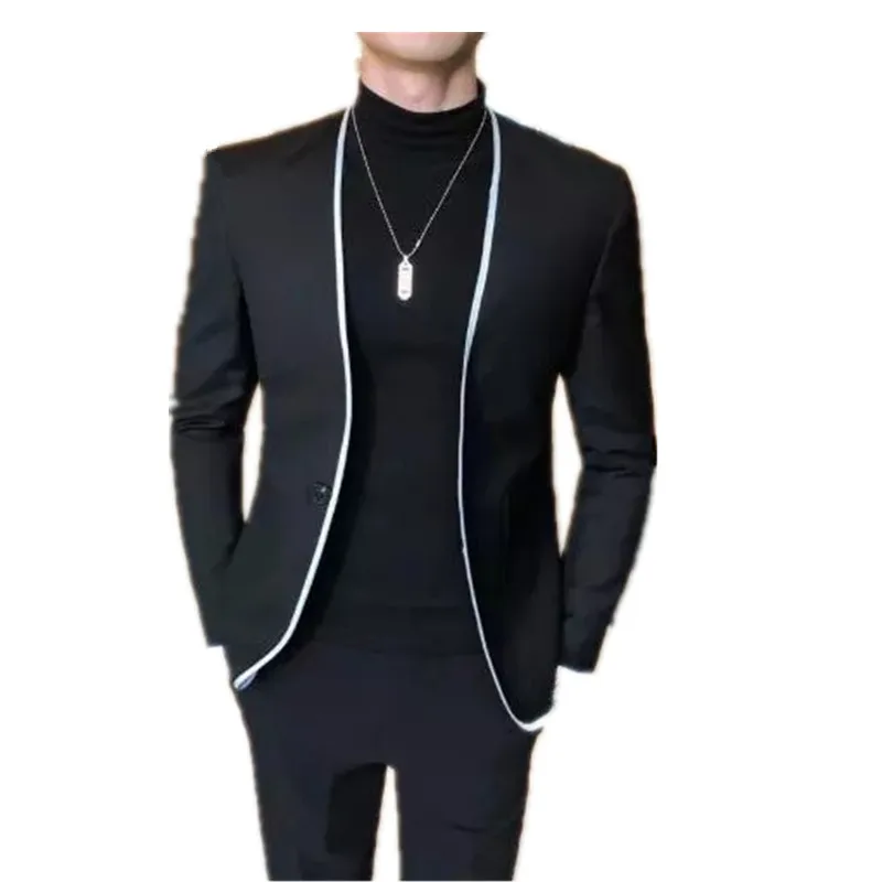 Latest Design Collarless Black Jacket Pants Casual One Button Suit Men's Fashion Prom Party Dress 2PCS costume homme mariage
Latest Design Collarless Black Jacket Pants Casual One Button Suit Men's Fashion Prom Party Dress 2PCS costume homme mariage
