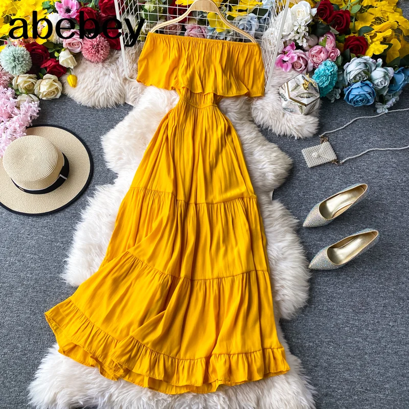 Sexy Off Shoulder Beach Dress Women Slim High Waist Summer Yellow Midi Dresses Elegant Ladies Elegant Party Dress Vestidos Mujer
Sexy Off Shoulder Beach Dress Women Slim High Waist Summer Yellow Midi Dresses Elegant Ladies Elegant Party Dress Vestidos Mujer