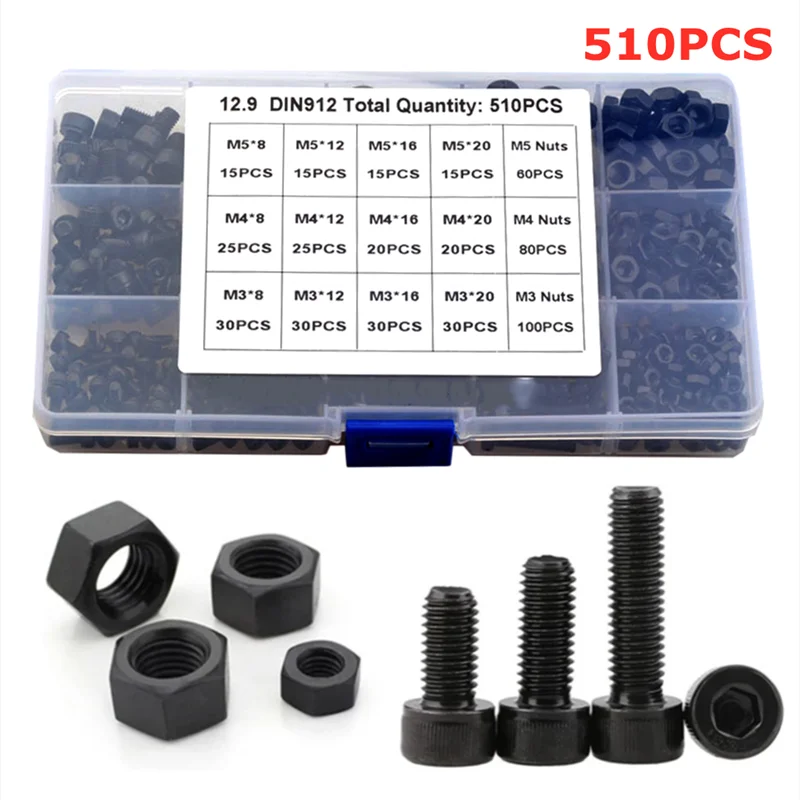 510PCS M3 M4 M5 Black Grade 12.9 Carbon Steel Hexagon Hex Socket Cap Head Screw Cylindrical Head Bolt Nut Set Assortment Kit Box
510PCS M3 M4 M5 Black Grade 12.9 Carbon Steel Hexagon Hex Socket Cap Head Screw Cylindrical Head Bolt Nut Set Assortment Kit Box