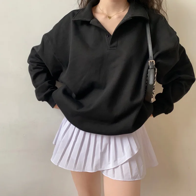 WOMENGAGA Streetwear Loose Casual Solid Color Sweatshirt Women Korean Fashion Long Sleeve Lapel Oversize Tops C4IN 
WOMENGAGA Streetwear Loose Casual Solid Color Sweatshirt Women Korean Fashion Long Sleeve Lapel Oversize Tops C4IN