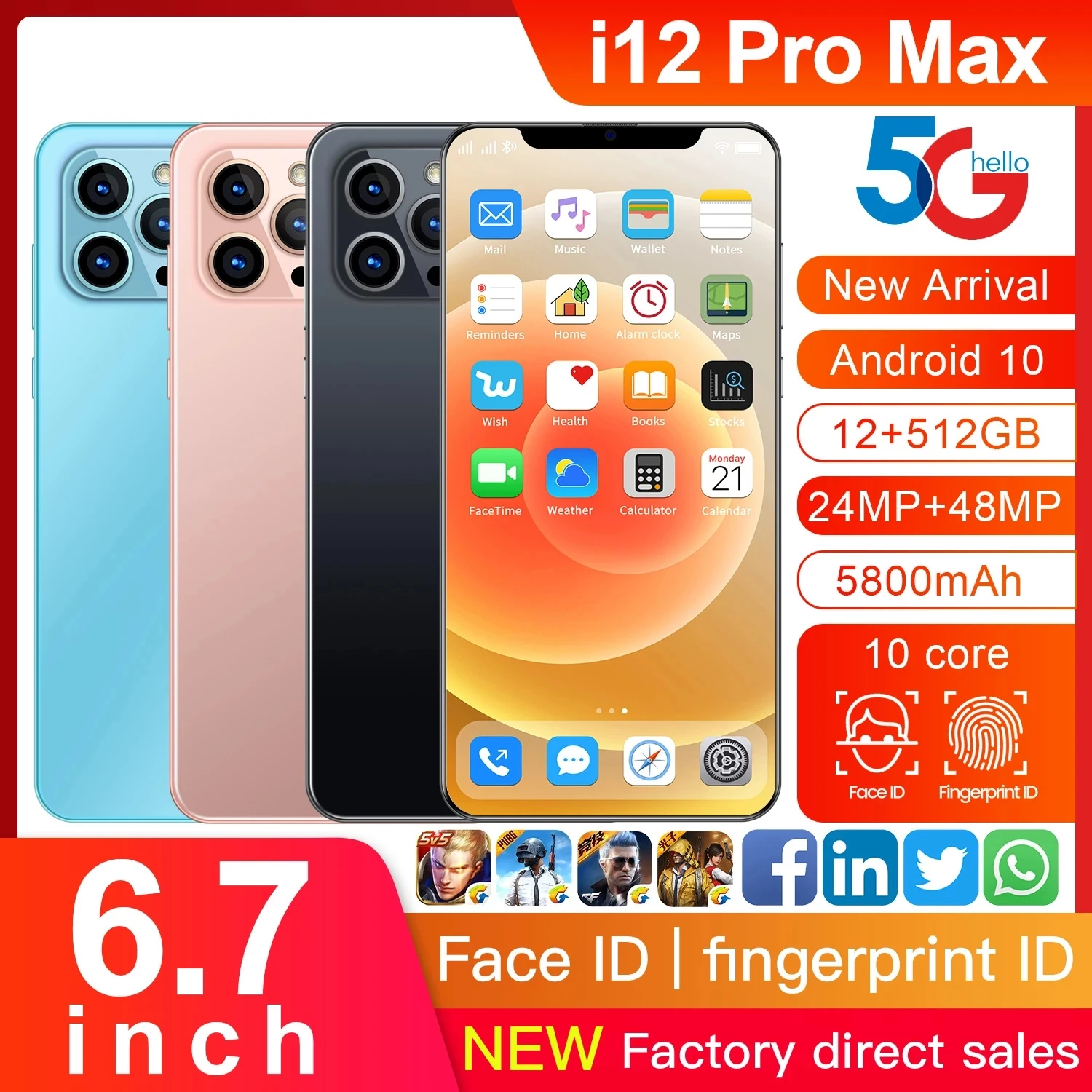 Global Version 6.7inch I12 Pro Max Android 10.0 Smartphone 5800mAh 12+512GB Mobileohone Face Unlock Dual SIM 5G Networkphone
Global Version 6.7inch I12 Pro Max Android 10.0 Smartphone 5800mAh 12+512GB Mobileohone Face Unlock Dual SIM 5G Networkphone