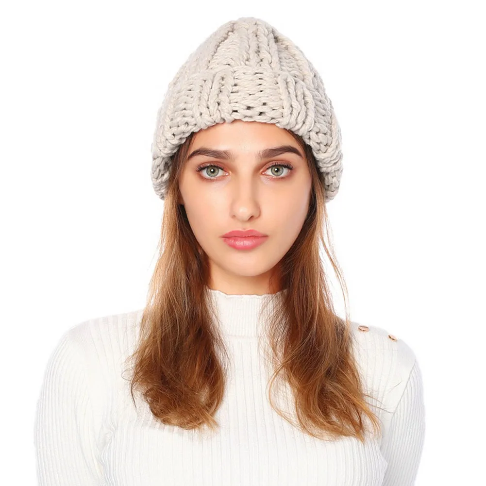 

Hirigin Fashion European Women Hat 2019 Winter Hats For Women Beanie Pure-Color Curled Coarse Wool Cap Warming Knitted Beanies