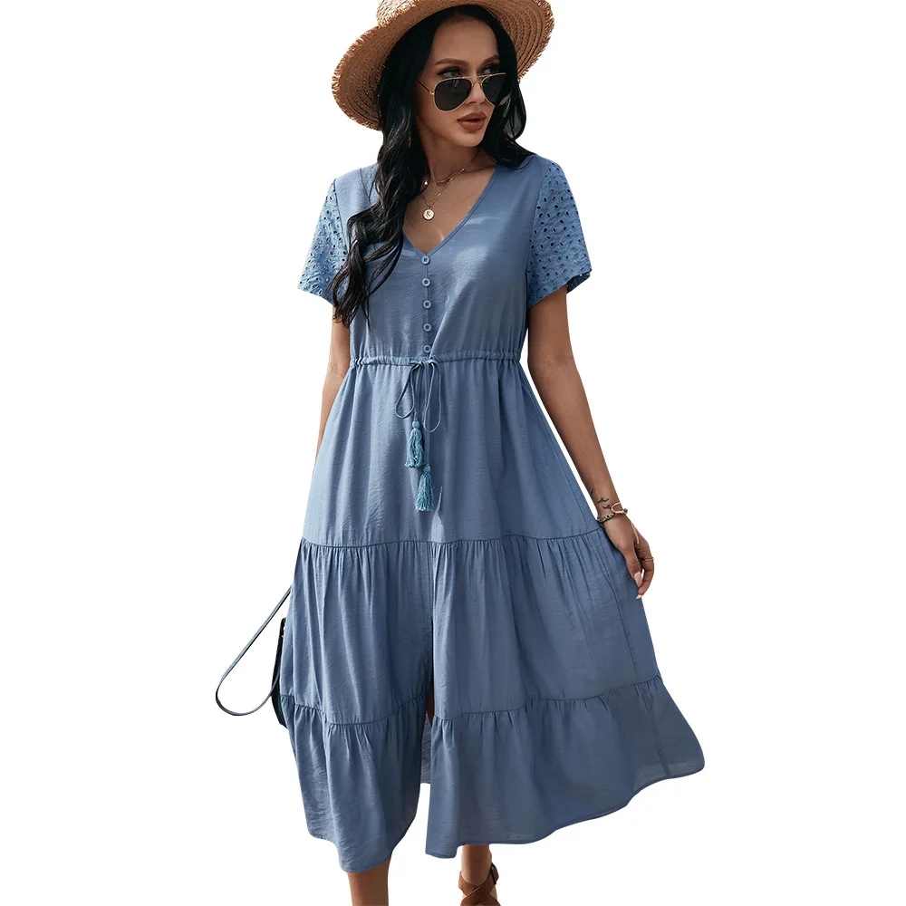 2021 Summer Vocation Dress Woman V Neck Short Sleeve Solid Casual Dress Belted High Waist Split Front Boho Beach Dresses 
2021 Summer Vocation Dress Woman V Neck Short Sleeve Solid Casual Dress Belted High Waist Split Front Boho Beach Dresses