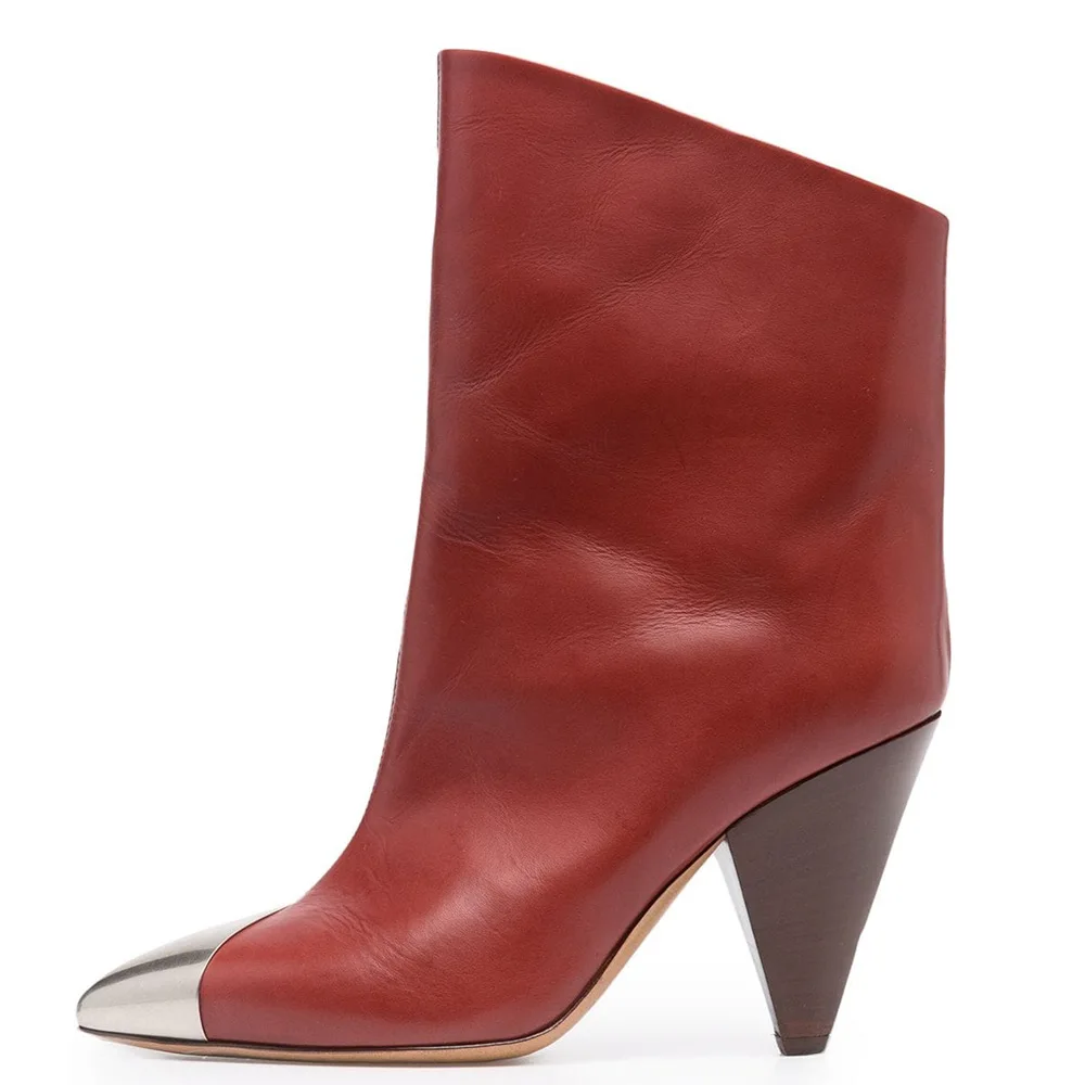 

Sexy Metal Wrapped Toe Spike Heels Boots Cow Leather Pointed Toe Slip On Mid-Calf Woman Fashion Red White Khaki Runway Botas