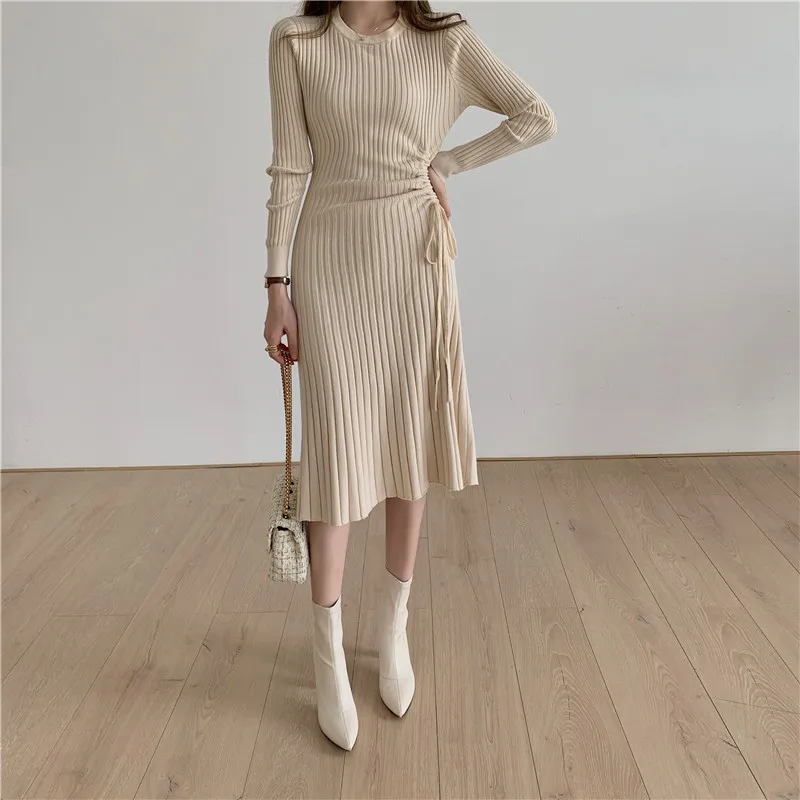 

LUKAXSIKAX, новинка сезона осень-зима 2021, женское тонкое платье-свитер, корейское модное однотонное вязаное платье с Кулиской