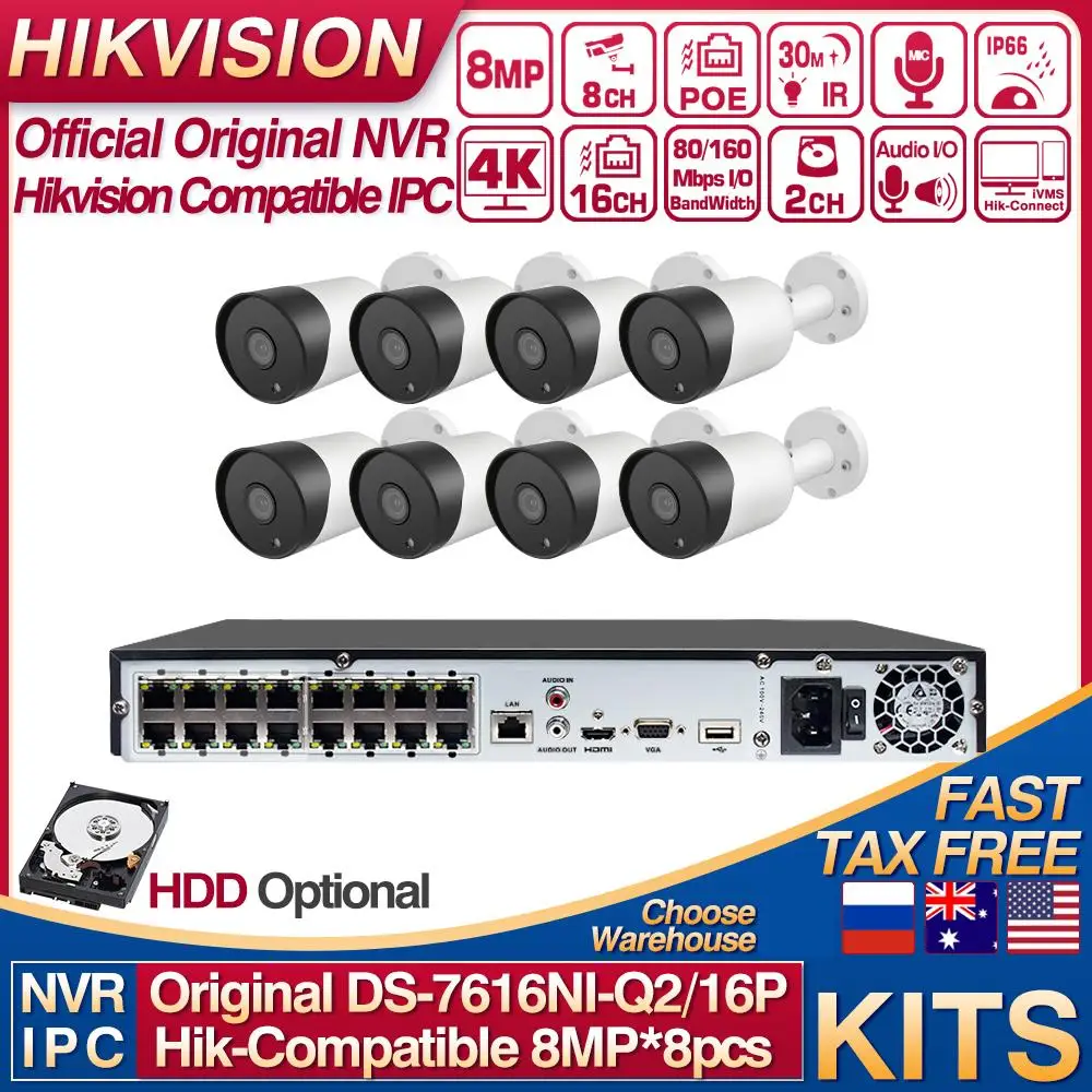Hikvision Compatible Kits DS-7616NI-Q2/16P 16POE NVR & 8MP IP Camera Bullet POE 30M IR Built-in MIC 8pcs Plug&play CCTV System
Hikvision Compatible Kits DS-7616NI-Q2/16P 16POE NVR & 8MP IP Camera Bullet POE 30M IR Built-in MIC 8pcs Plug&play CCTV System