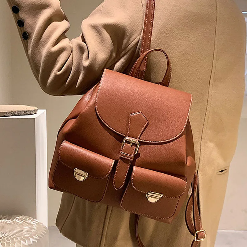 Double Pocket Quality Solid Color PU Leather Backpacks for Women 2021 Fashion Female Small School Backpack for Teenagers Girls
Double Pocket Quality Solid Color PU Leather Backpacks for Women 2021 Fashion Female Small School Backpack for Teenagers Girls