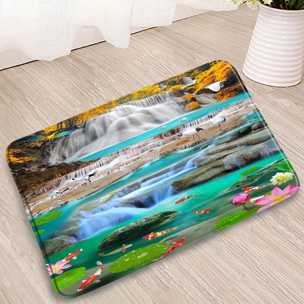 

Waterfall Scenery Bathroom Mat Forest Green Yellow Plant Flower Fish Goldfish Koi Doormat Bedroom Kitchen Non-Slip Decor Carpets