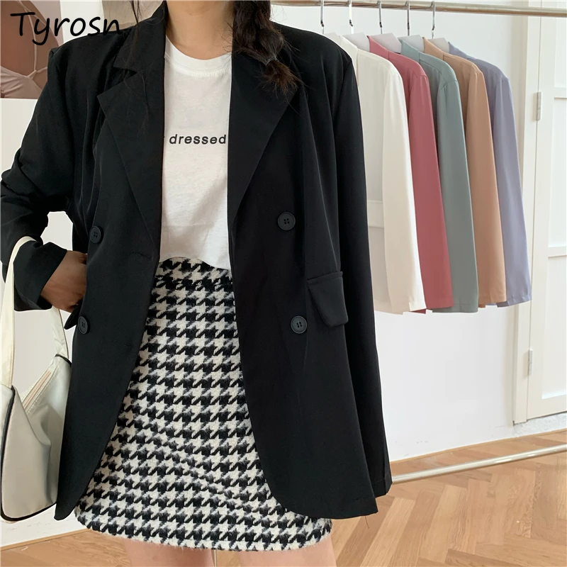 

Women Blazers Candy Color Solid Sweet Slouchy Draped Double Breasted Suits Casual Retro Tender Outwear Female All-match Ulzzang