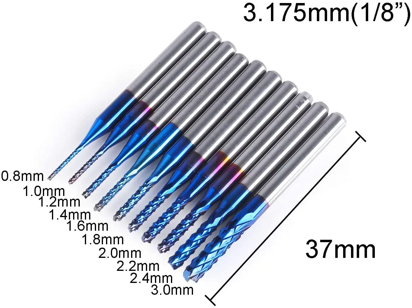 10 шт. фрезы с ЧПУ с нано-синим покрытием, 0,8-3 мм/1,5-3,175 мм, хвостовик 1/8 дюйма 
10 шт. фрезы с ЧПУ с нано-синим покрытием, 0,8-3 мм/1,5-3,175 мм, хвостовик 1/8 дюйма