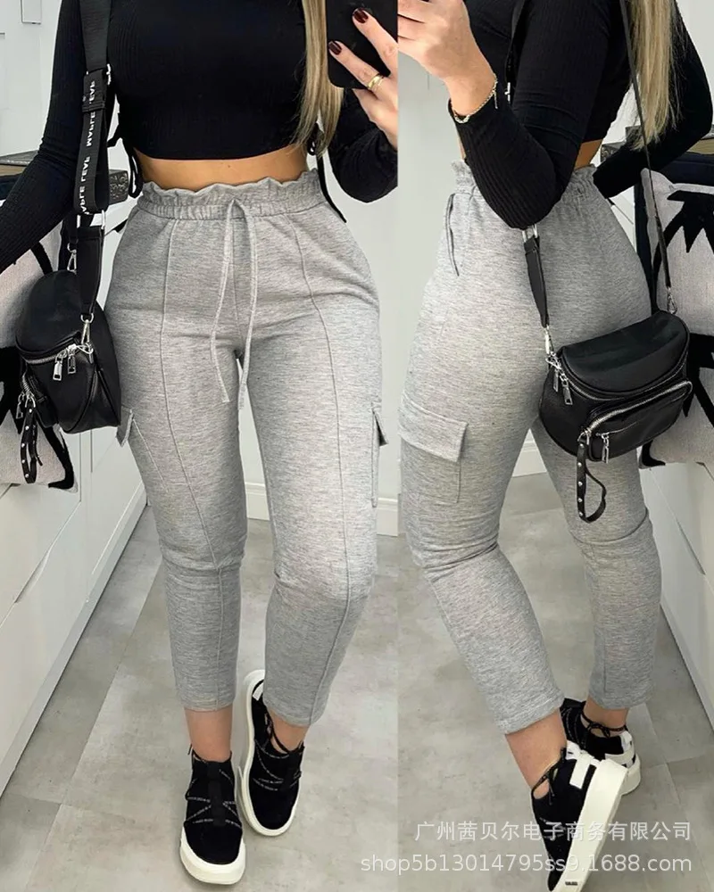 2021 women's new style light gray tie casual daily trousers 
2021 women's new style light gray tie casual daily trousers