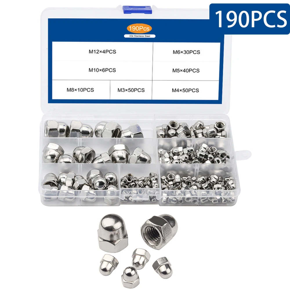 190PCS/BOX Acorn Nuts M3 M4 M5 M6 M8 M10 M12 Stainless Steel Hexagon Dome Cap Nut Blind Nut Decorative Cap Assortment Kit
190PCS/BOX Acorn Nuts M3 M4 M5 M6 M8 M10 M12 Stainless Steel Hexagon Dome Cap Nut Blind Nut Decorative Cap Assortment Kit