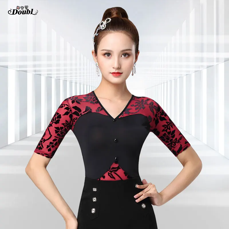 Latin coat female fashionable dance apparel v-neck summer short sleeves dancing steps rumba adult shirt
Latin coat female fashionable dance apparel v-neck summer short sleeves dancing steps rumba adult shirt