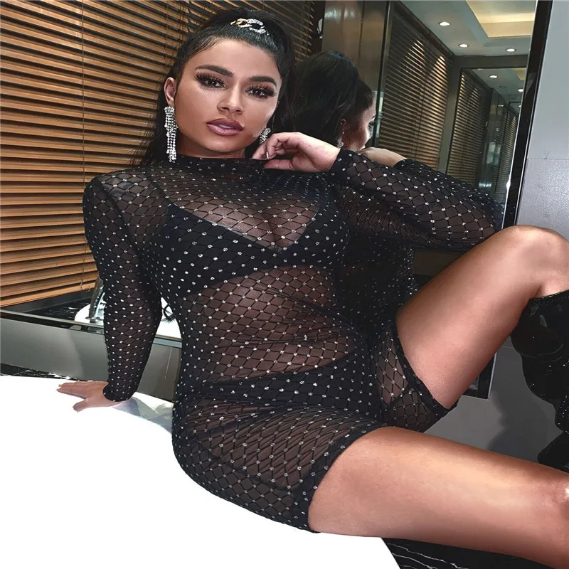 

Women Sexy Mock Neck Sheer Mesh Romper Playsuits Summer Fall Casual Tight Long Sleeve Strechy Slim Overalls Night Club 2020
