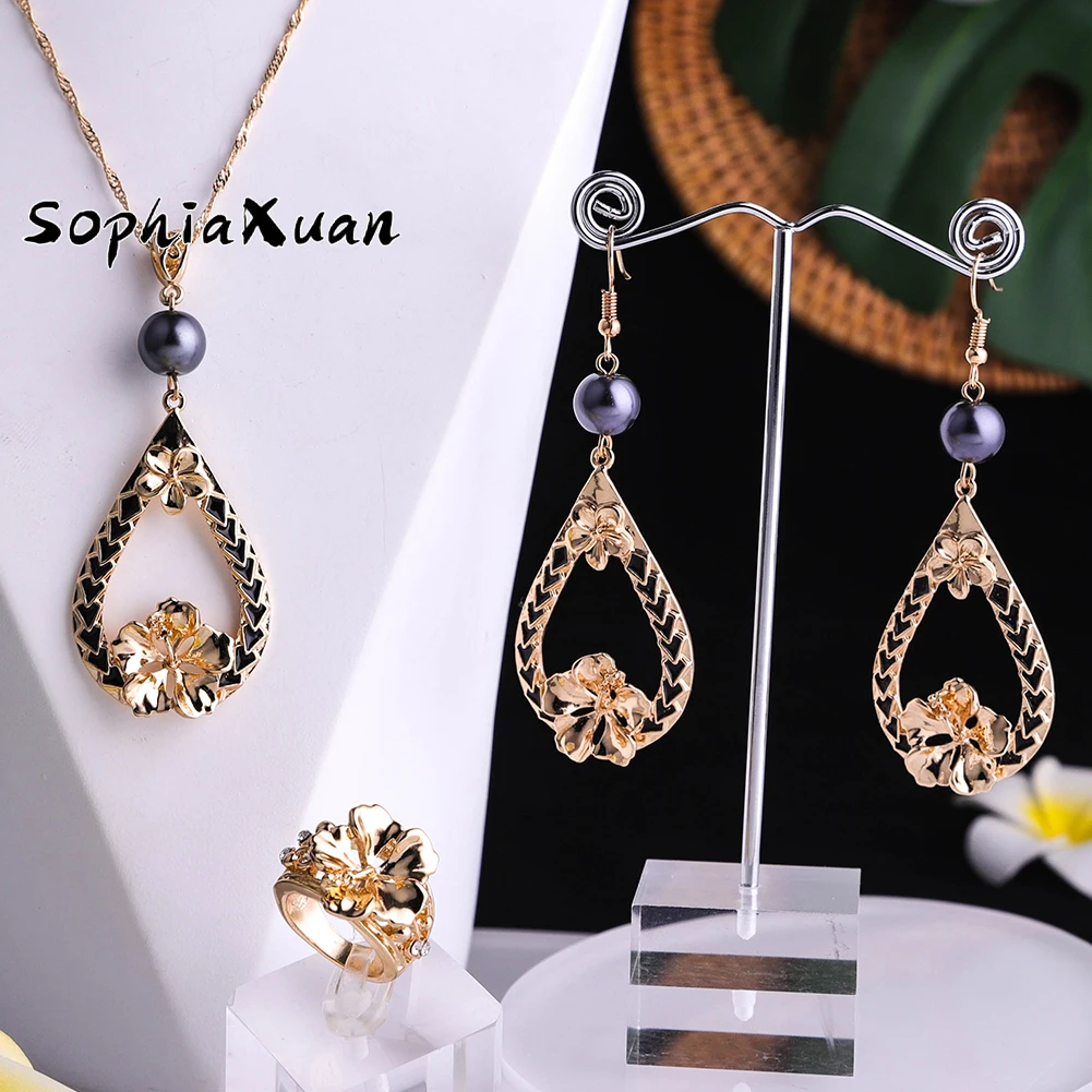 SophiaXuan Hawaiian Fashion Jewelry Set Vintage Black Flower Gold Plated Rings Earrings Necklace Sets for Women Gift 2021 Trend
SophiaXuan Hawaiian Fashion Jewelry Set Vintage Black Flower Gold Plated Rings Earrings Necklace Sets for Women Gift 2021 Trend