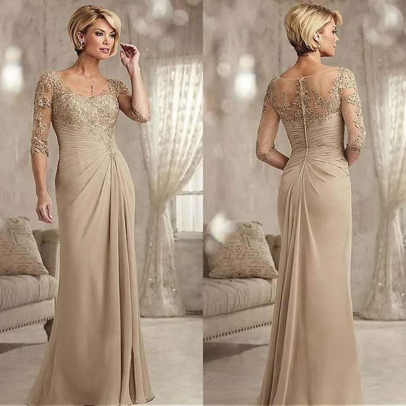 Wholesale Nude Lace Plunge V Neckline Mother of the Bride Dresses With Three Quarter Sleeves Wedding Guest Dress Pleating
Wholesale Nude Lace Plunge V Neckline Mother of the Bride Dresses With Three Quarter Sleeves Wedding Guest Dress Pleating