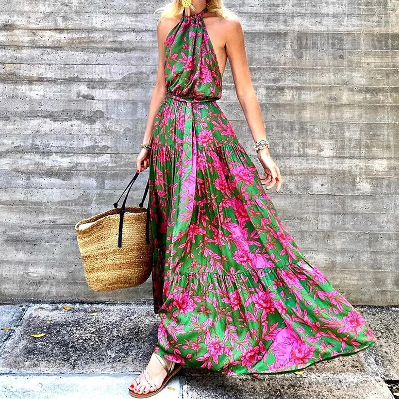 Summer Pretty Lady O-neck Sexy Backless Dress Floor-length Elegant Floral Print Sleeveless Halter Dresses Women Bohemian Dress
Summer Pretty Lady O-neck Sexy Backless Dress Floor-length Elegant Floral Print Sleeveless Halter Dresses Women Bohemian Dress