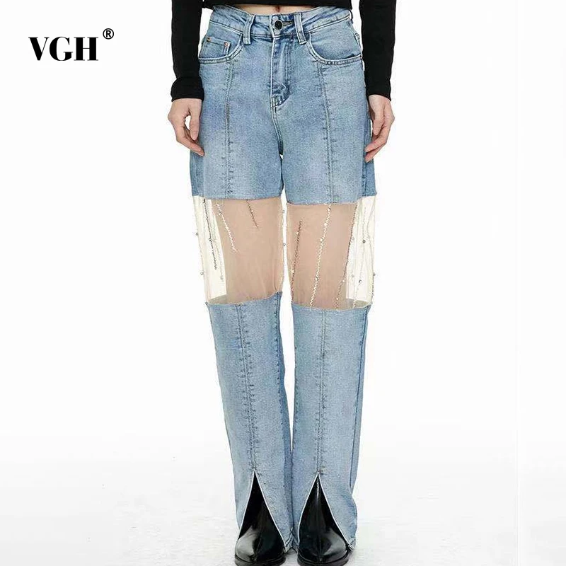 

Женские джинсовые брюки с высокой талией VGH, синие прямые джинсы в стиле пэчворк с сетчатыми вставками, лето 2021