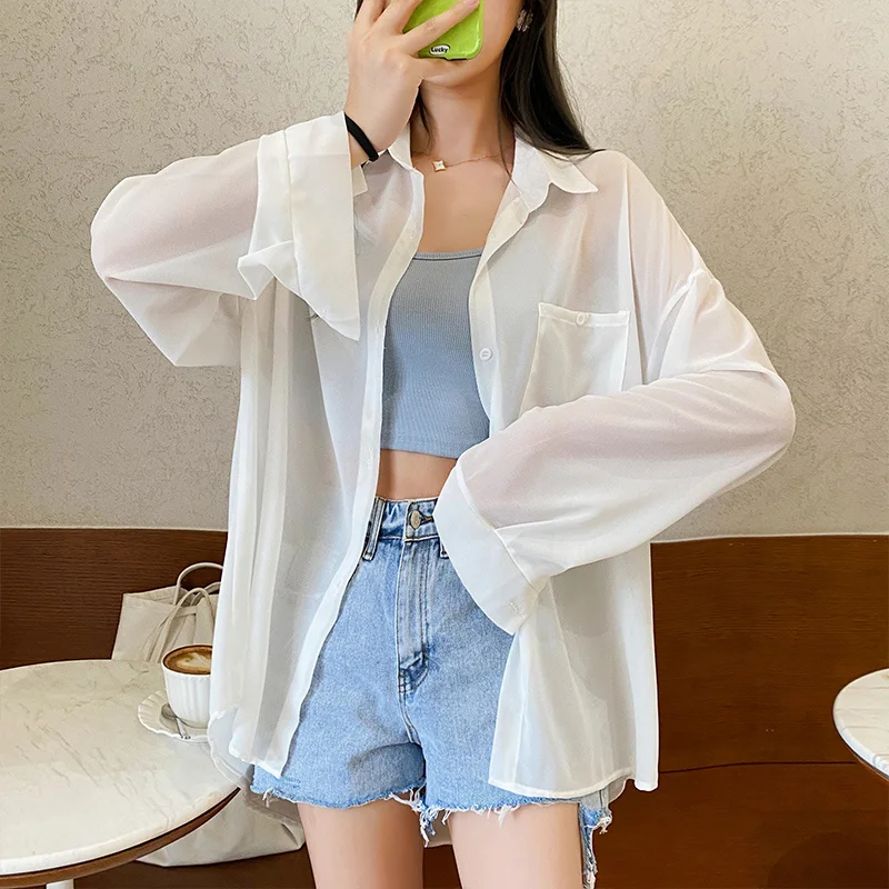 #8309 Black White Chiffon Shirt Woman Long Sleeve Loose Casual Shirt Female Sunscreen Transparent Shirt Femme Thin Summer 2021
#8309 Black White Chiffon Shirt Woman Long Sleeve Loose Casual Shirt Female Sunscreen Transparent Shirt Femme Thin Summer 2021