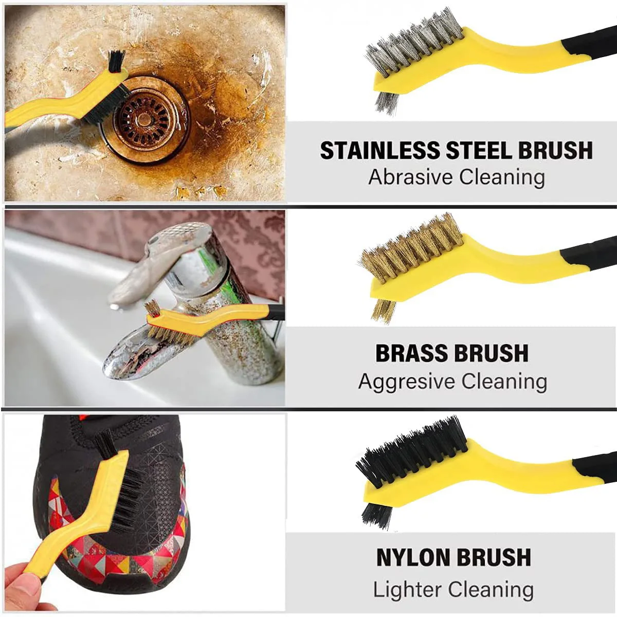 3 Pcs Wire Brush Set Nylon/Brass/Stainless Steel Bristles with Curved Handle Grip for Rust, Dirt & Paint Scrubbing
3 Pcs Wire Brush Set Nylon/Brass/Stainless Steel Bristles with Curved Handle Grip for Rust, Dirt & Paint Scrubbing