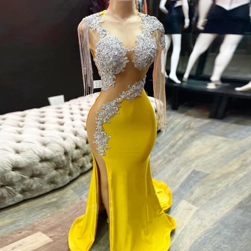 2021 Sexy O-Neck Evening Dresses Appliques Lace Beaded One Sleeves Side Split Yellow Mermaid Prom Dresses Formal Party Gowns
2021 Sexy O-Neck Evening Dresses Appliques Lace Beaded One Sleeves Side Split Yellow Mermaid Prom Dresses Formal Party Gowns