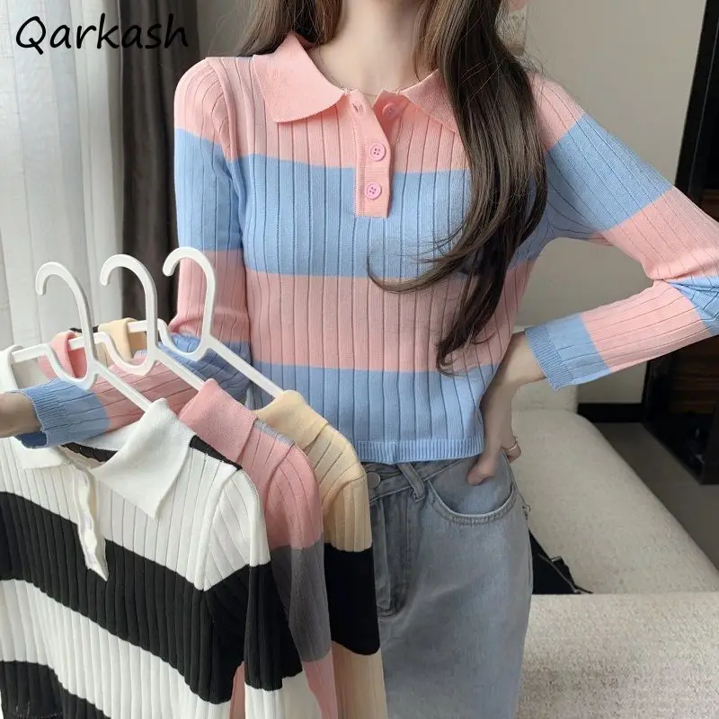 Pullovers Women Striped Slim Harajuku Streetwear Spring Students Crops Female Turn Down Collar Basic Sweater All-match Popular
Pullovers Women Striped Slim Harajuku Streetwear Spring Students Crops Female Turn Down Collar Basic Sweater All-match Popular
