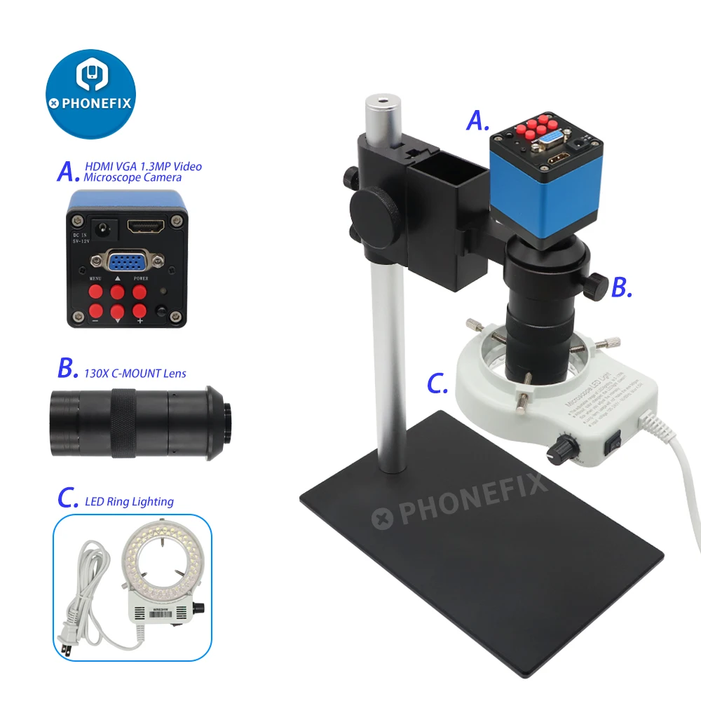 HDMI Microscope Camera Set HD 13MP 60F/S HDMI VGA Digital Microscope Camera for Phone Soldering 130X C Mount Lens 56 LED Light 
HDMI Microscope Camera Set HD 13MP 60F/S HDMI VGA Digital Microscope Camera for Phone Soldering 130X C Mount Lens 56 LED Light