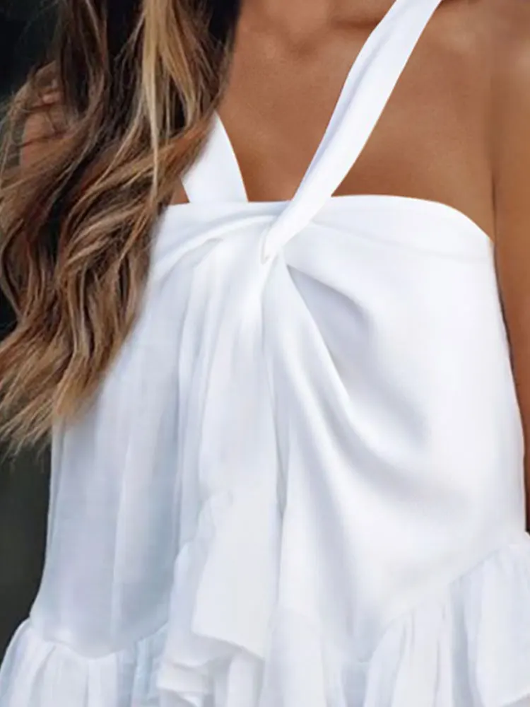 Summer Women Casual Sexy Wear Vest Off Shoulder White Tee Shirts Plain Halter Ruffles Hem Sleeveless Yellow Tanks Camis Top