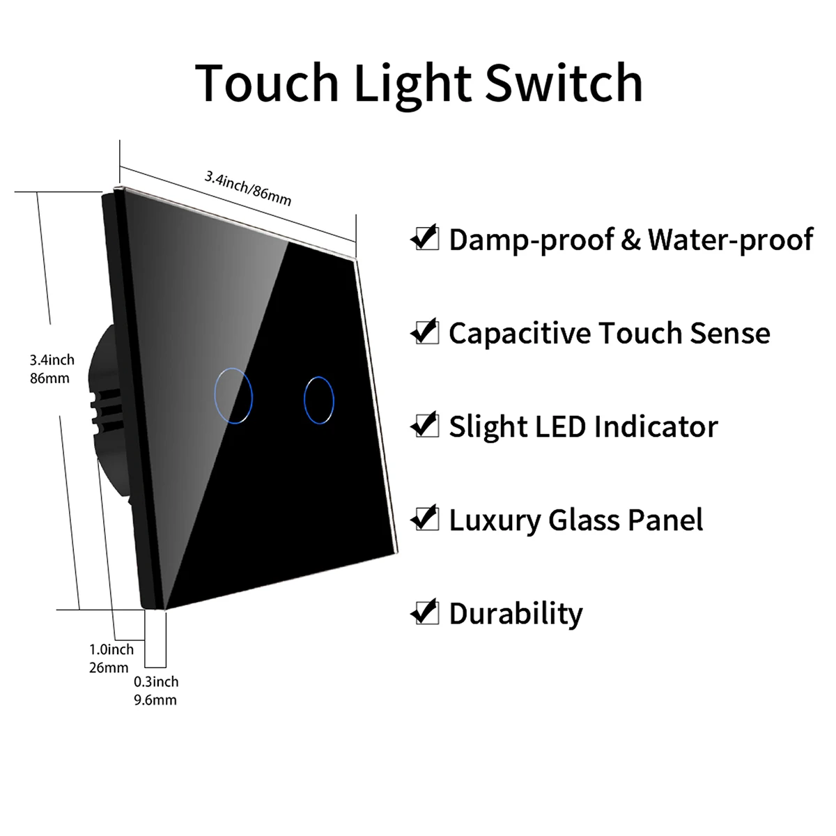 Bingoelec Modern Wall Touch Sensor Switch, EU Standard Light Switch, 2 Gang 1 Way, Crystal Glass Panel, 500W/Gang, 110V-240V
Bingoelec Modern Wall Touch Sensor Switch, EU Standard Light Switch, 2 Gang 1 Way, Crystal Glass Panel, 500W/Gang, 110V-240V