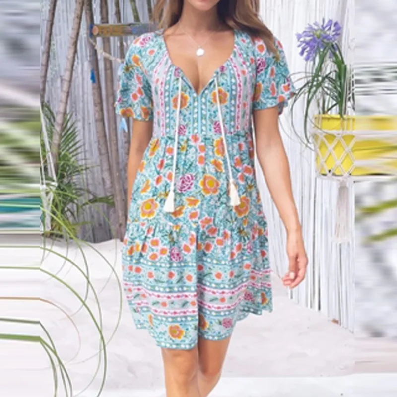 2021 Beach Style V-neck Tassel Party Dress Women Spring Floral Print A-Line Mini Dress Summer Short Sleeve Sexy Dresses Vestidos
2021 Beach Style V-neck Tassel Party Dress Women Spring Floral Print A-Line Mini Dress Summer Short Sleeve Sexy Dresses Vestidos