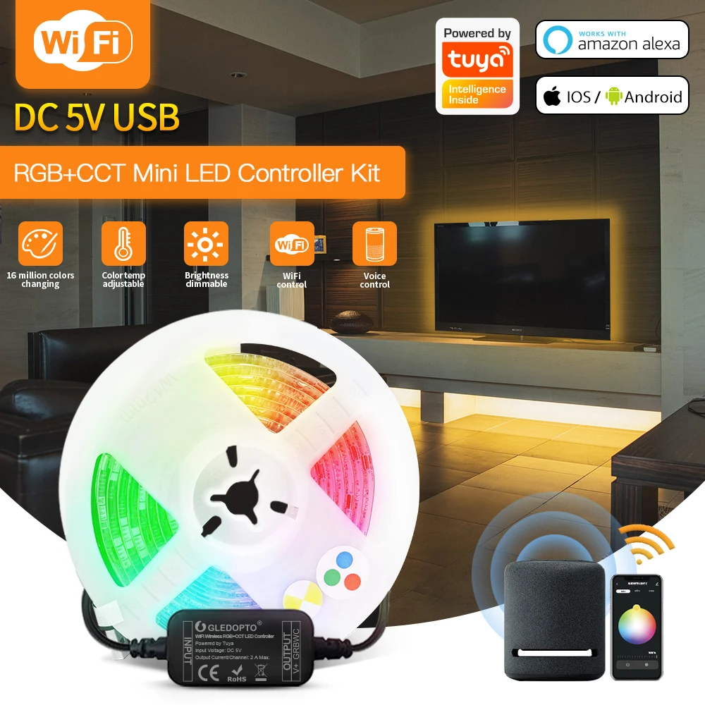 

Gledopto Zigbee3.0 DC5V WiFi Wireless RGBCCT LED Strip Controller Kit Work With Smart Life App WiFi Alexa Amazon Voice Control