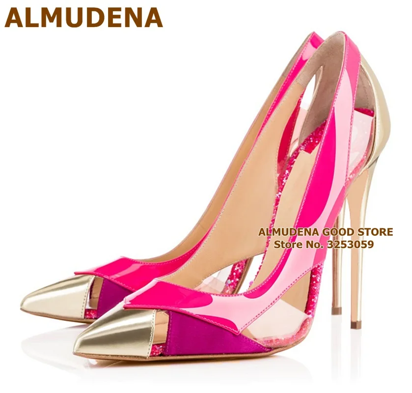 

ALMUDENA Pink High Heel Shoes Color Patchwork Cut-out Pumps Clear PVC Stiletto Heels Pointy Toe Runway Wedding Shoes Size45 12cm