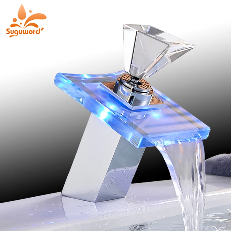 Suguword LED Bathroom Basin Faucet Glass Waterfall Spout Square Vanity for Vessel Sink Hot and Cold Water Mixer Tap Chrome Crane
Suguword LED Bathroom Basin Faucet Glass Waterfall Spout Square Vanity for Vessel Sink Hot and Cold Water Mixer Tap Chrome Crane