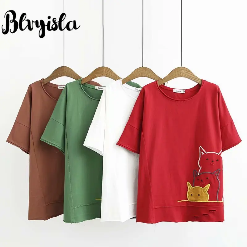 4XL Oversize Sweet Cute Embroidery Cat Short Sleeve Tee Cotton Shirts Plus Size Young Lady Round Neck Tops T-shirts
4XL Oversize Sweet Cute Embroidery Cat Short Sleeve Tee Cotton Shirts Plus Size Young Lady Round Neck Tops T-shirts