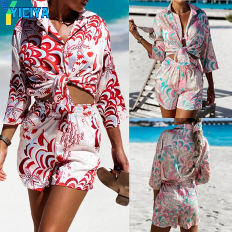 Beach Two Piece Set Women Summer Sexy V Neck Shirt Top + Shorts Outfit Female Elegant 2021 Spring Satin Suits With Scarf Mujer
Beach Two Piece Set Women Summer Sexy V Neck Shirt Top + Shorts Outfit Female Elegant 2021 Spring Satin Suits With Scarf Mujer