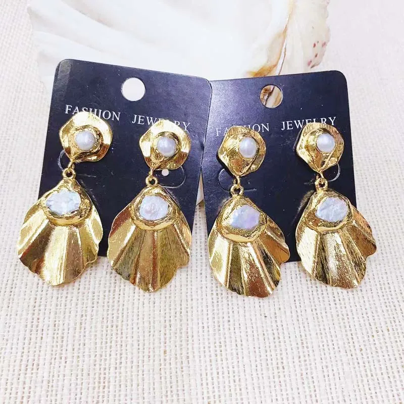 

Hot Sell Personality Geometric Freshwater Pearl Earrings Drop Dangle Earring Copper 24K Gold Plated 3pairs
