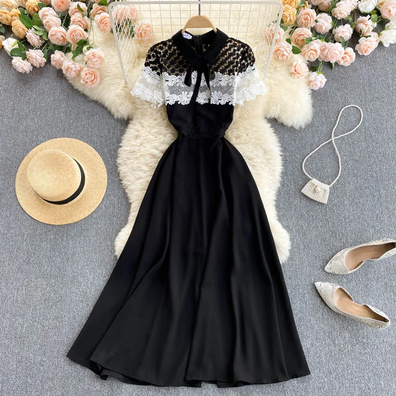 French Elegant Lace Patchwork Chiffon Dress High-End Vintage Women Black Turn-Down Collar Summer Office Work Party Dresses
French Elegant Lace Patchwork Chiffon Dress High-End Vintage Women Black Turn-Down Collar Summer Office Work Party Dresses
