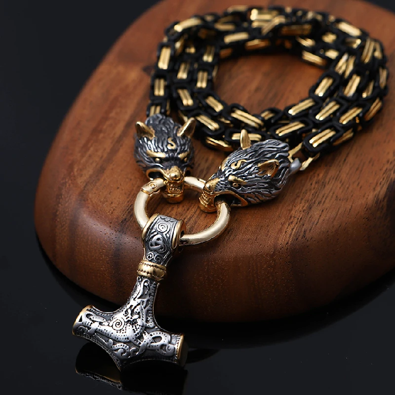 MKENDN Men Stainless Steel Wolf Head Norse Viking Amulet Thor Hammer Pendant necklace Never Fade Black Gold Viking King Chain
MKENDN Men Stainless Steel Wolf Head Norse Viking Amulet Thor Hammer Pendant necklace Never Fade Black Gold Viking King Chain