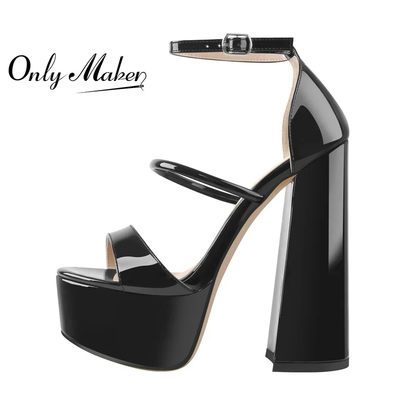 

Onlymaker 2021 Summer Women's Sandals Patent Leather Black Platform Ankle Strap Chunky High Heels Causal Large Big Size Fashion