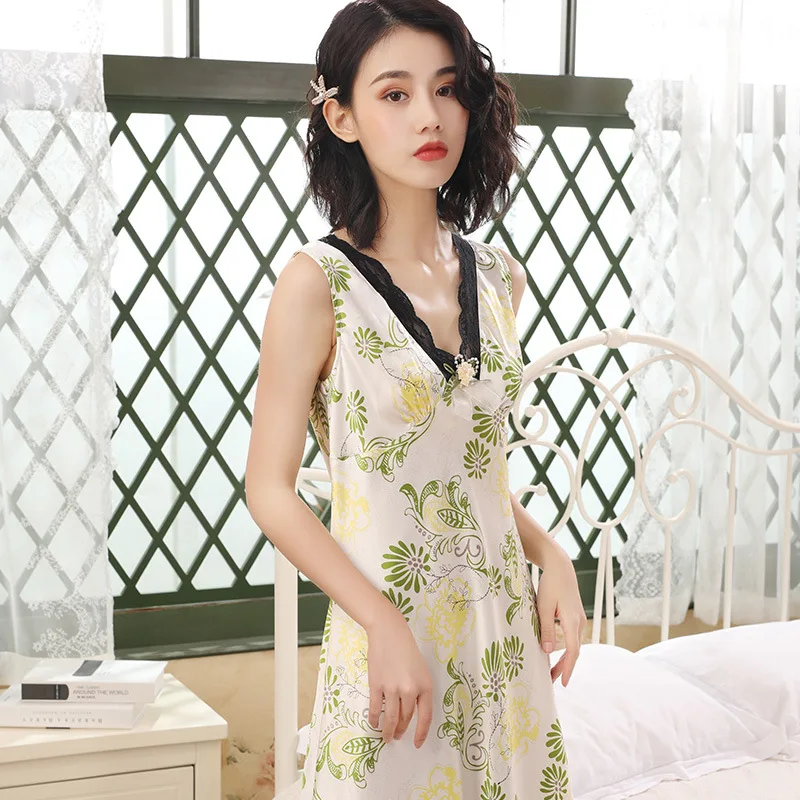 Sexy Women Lace Night Dress Fashion V-Neck Sleepwear Sleeveless Satin Print Flower Nightgown Sweet Girl Home Sleepshirt Size XL | Женская