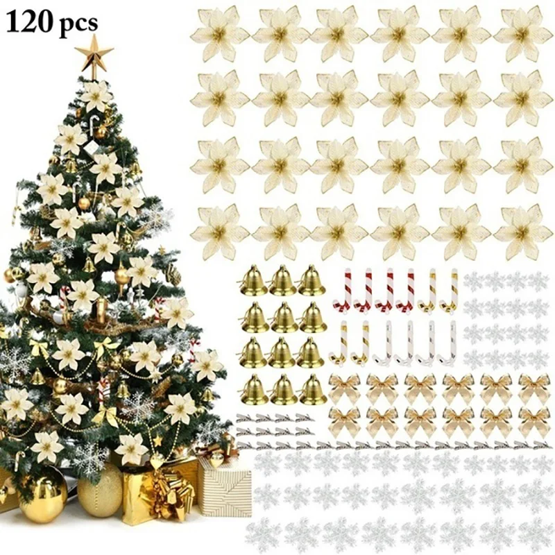 

120PCS /1set Christmas Tree Ornament Flash Artificial Flower Bow Bell Snowflake Small Cane Clip for Christmas Party Decoration