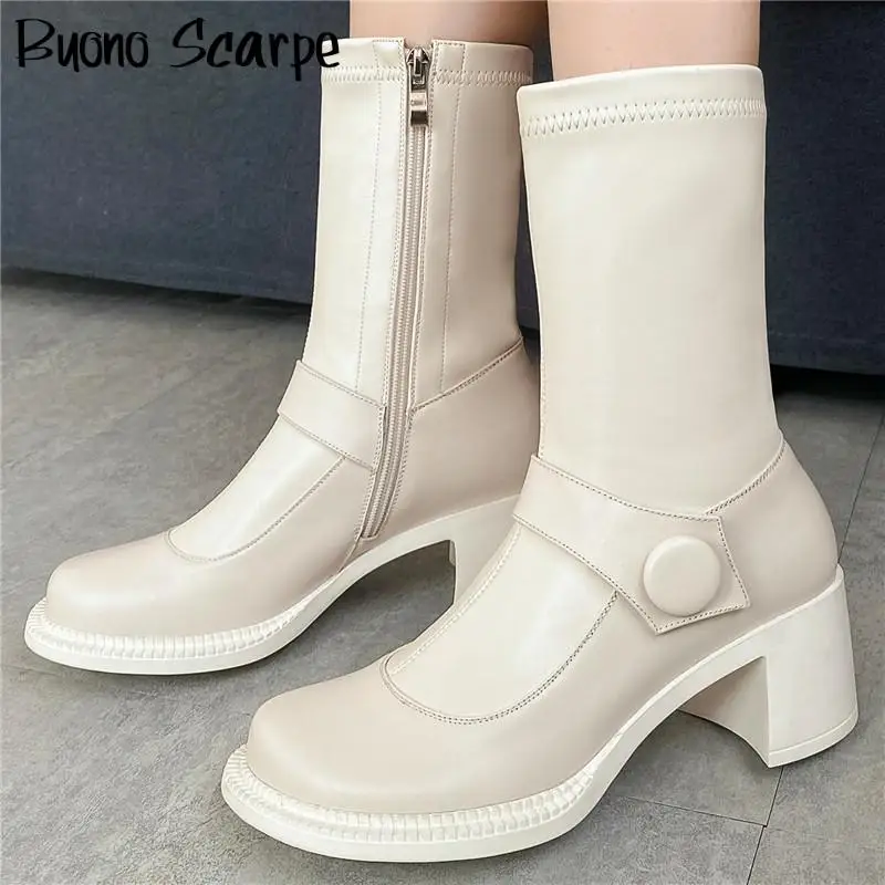 Chunky High Heel Ankle Boots Leather Belt Zipper Shoes For Women Round Toe Heel Women's Autumn Winter Boots Designer Sock Shoes
Chunky High Heel Ankle Boots Leather Belt Zipper Shoes For Women Round Toe Heel Women's Autumn Winter Boots Designer Sock Shoes
