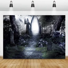 Halloween Backdrops For Photography Autumn Dark Forest Cemetery Stone Angel Steps Family Child Shoot Photo Background Photocall