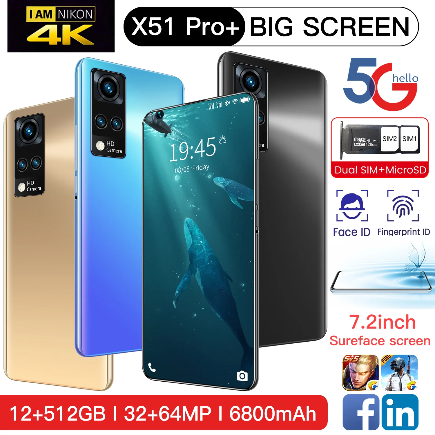 X51PRO+ Smartphone Camera 32MP+64MP 5G 7.2 Inch Screen 6800mAh Android 10 Dual SIM Card 12GB+512GB mobile phone Face Unlock
X51PRO+ Smartphone Camera 32MP+64MP 5G 7.2 Inch Screen 6800mAh Android 10 Dual SIM Card 12GB+512GB mobile phone Face Unlock
