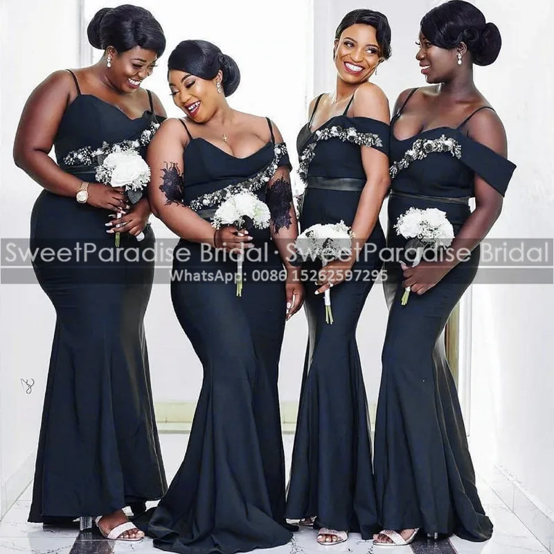 

Черные платья подружки невесты с аппликацией, длинное платье на тонких бретельках, Африканское нигерийское женское платье для гостей свадь...